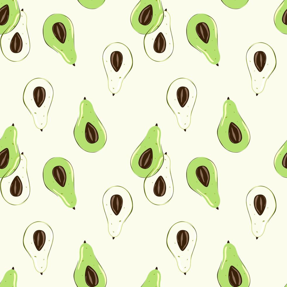 Ripe, juicy avocado cut with leaves, seamless geometric pattern, .Hand drawn in doodle style.Design for printing on fabrics, holiday and confectionery packaging, wallpaper, wrapping and scrap vector
