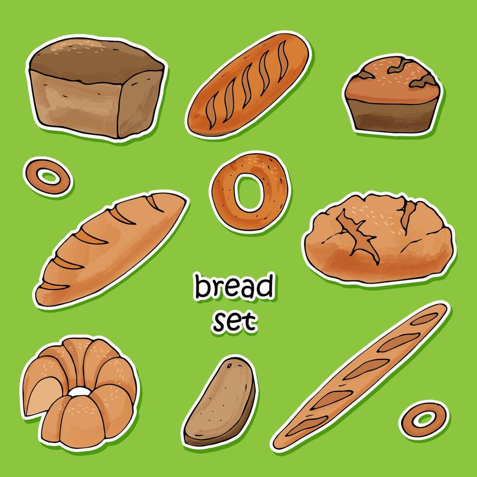 a set of colored stickers of bread and buns on a green background, drawn in a cartoon style. vector