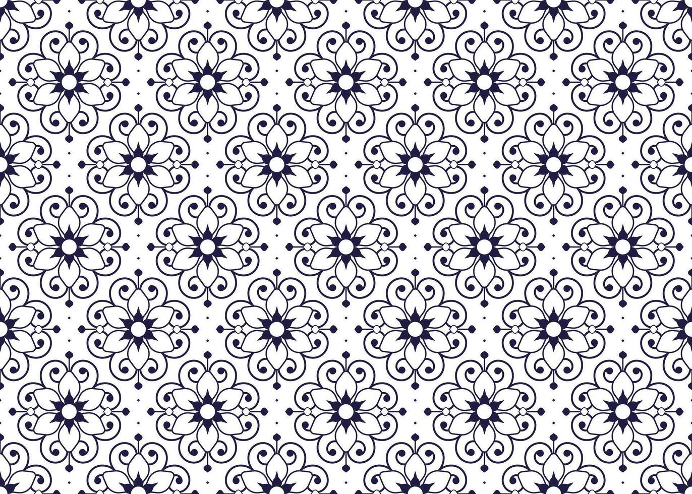 Symbol dark blue floral on white background, ethnic fabric seamless pattern design for cloth, carpet, batik, wallpaper, wrapping etc. vector