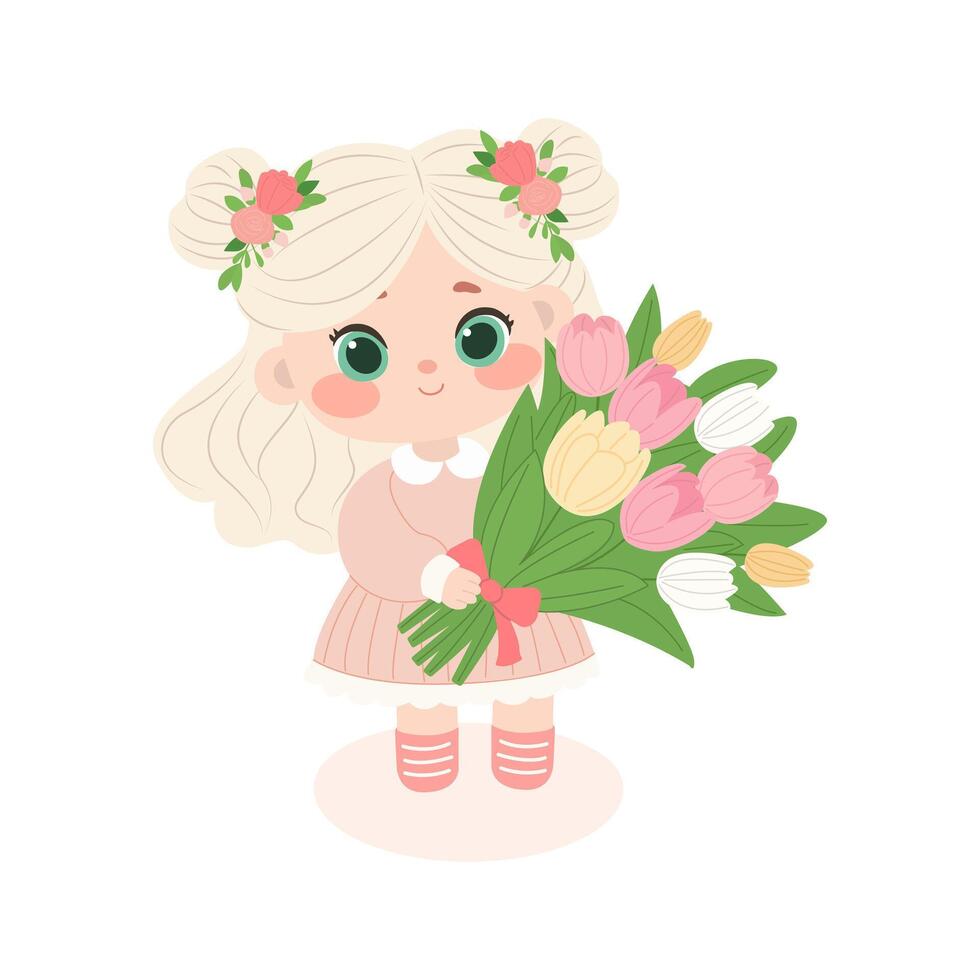 Cute girl in a dress holding a bouquet of tulips, isolated on a white background. flat illustration for Mother's Day or birthday greeting card. vector