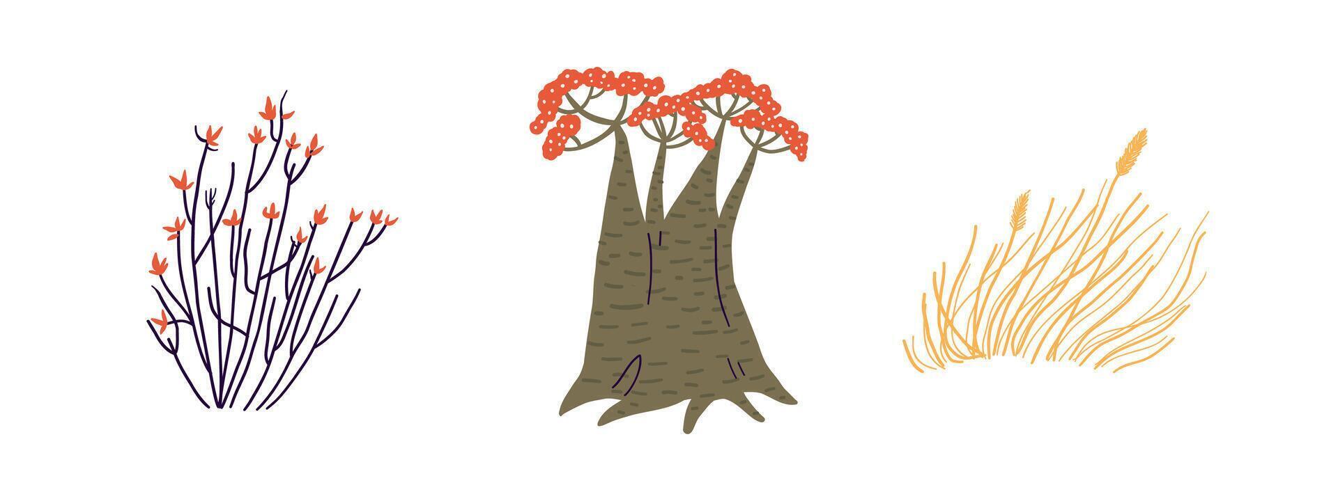 Set of hand drawn desert plants. Sand, desert, heat. Flat illustration. vector