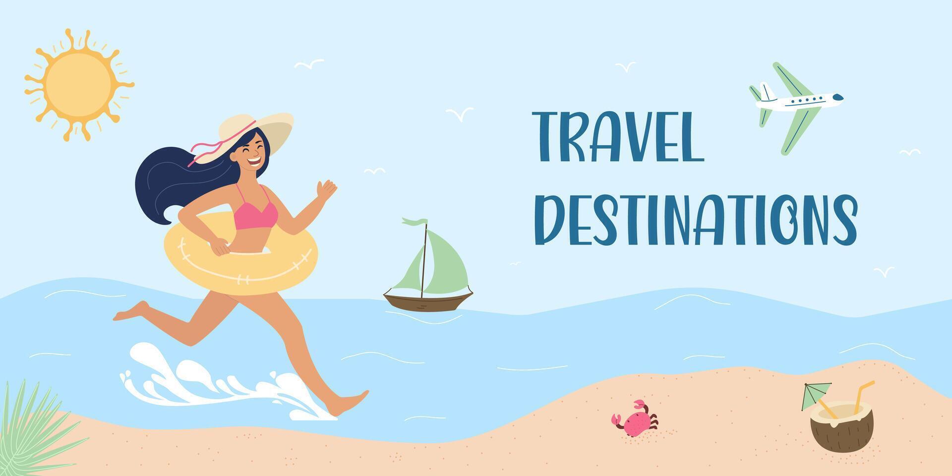 Summer travel destinations banner. A happy woman is running with a swimming ring, an airplane is flying, a yacht is sailing, a coconut cocktail, a crab in the sand. design template vector