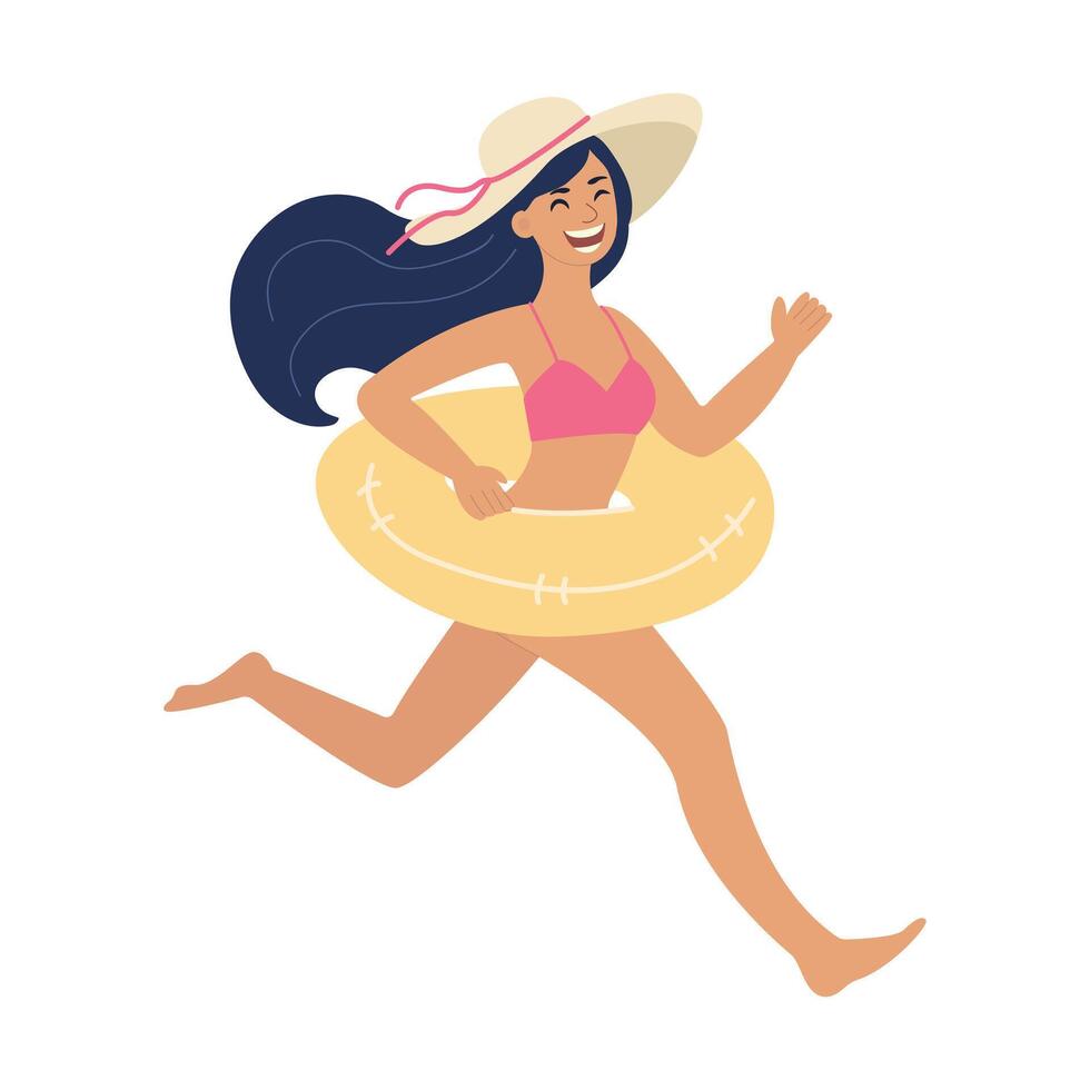Tourist destinations in summer. Happy woman in a hat runs with a swimming ring. Concept illustration vector