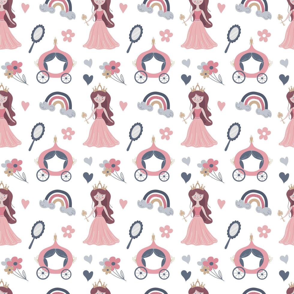 Children's cute pattern with princess and carriage in flat style. illustration vector