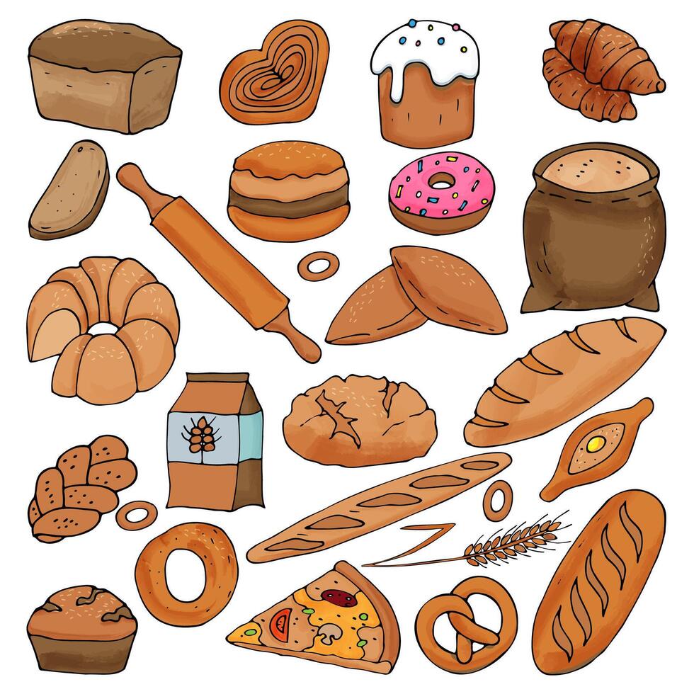 illustration of a set of bread, buns and pies in cartoon style on a white background. vector