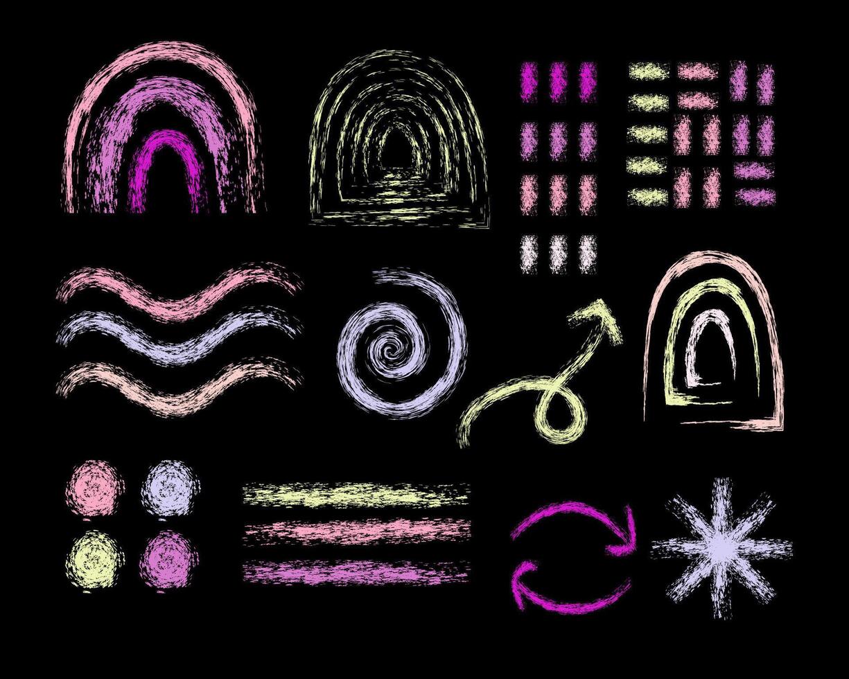 Crayon doodle scribble,wax crayons elements and shapes collection.Hand drawn chalk drawings,arrows,rainbow and other shapes. Children hand drawn sketch kit kid. illustration vector