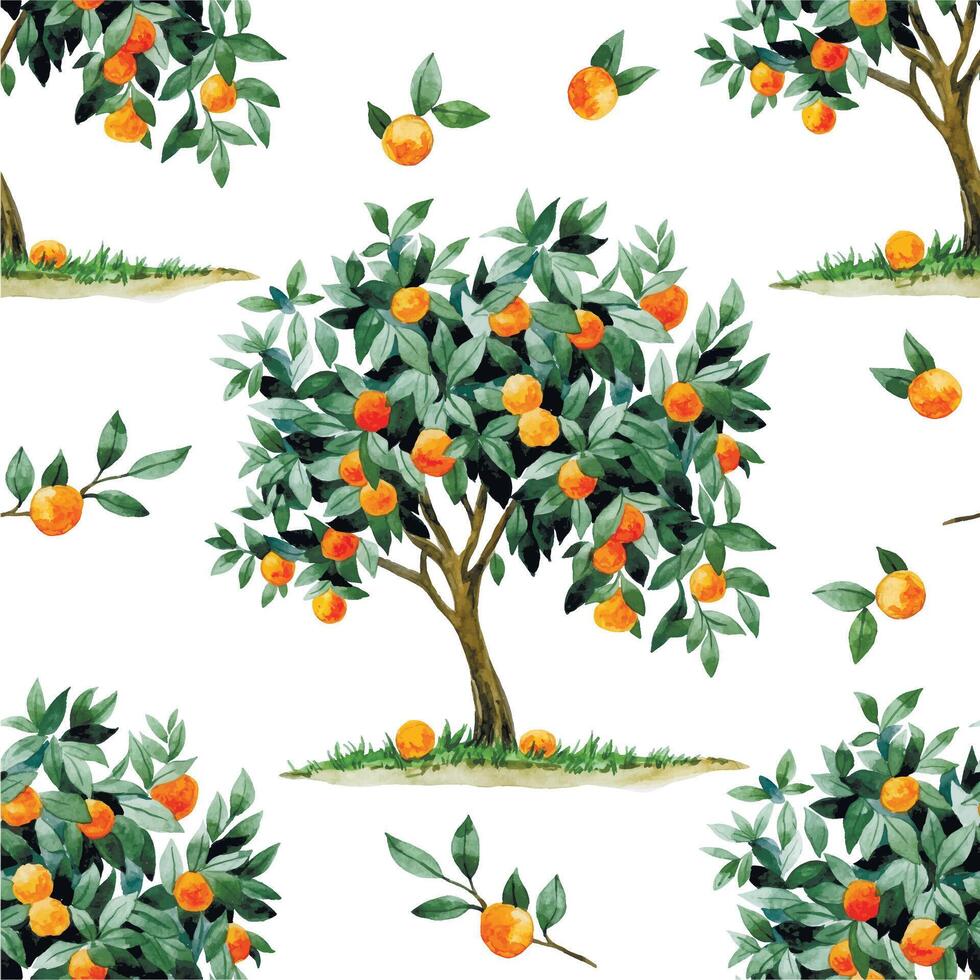 watercolor seamless pattern with fruit trees. print with ripe fruits of peaches, apricots and oranges vector