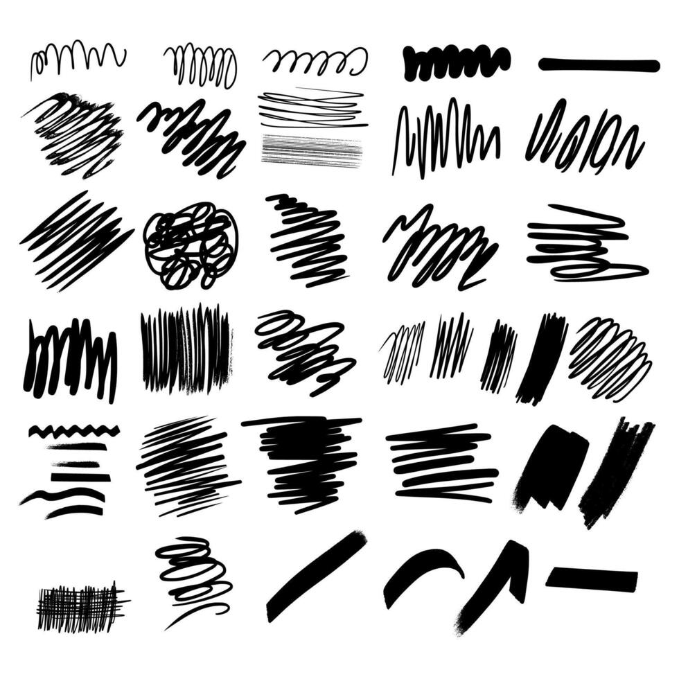 set of black ink hand drawn lines, ink, brushes, strokes, lines. isolated illustration. Collection squiggles vector