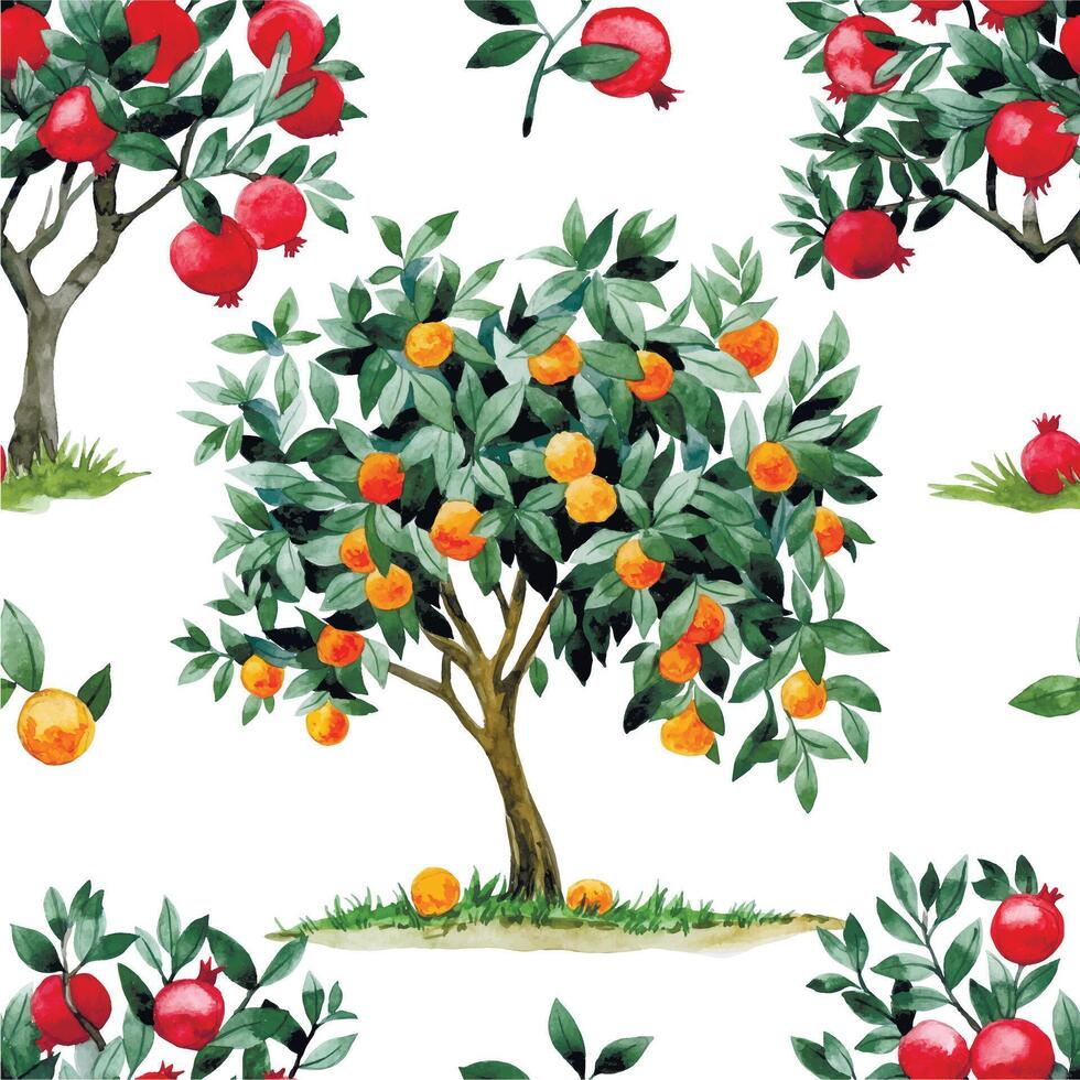 watercolor seamless pattern with fruit trees. print with ripe fruits of pomegranates, tangerines and oranges vector