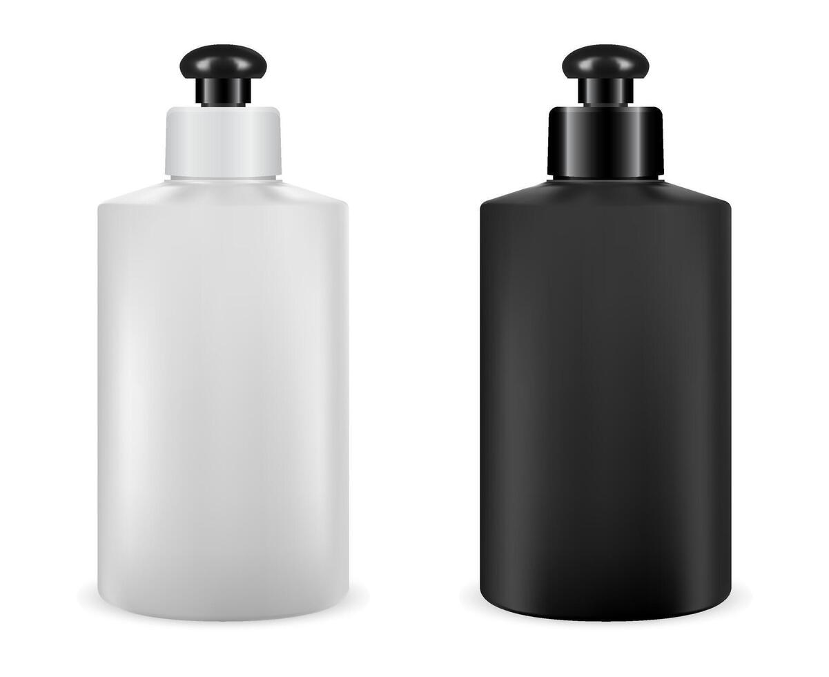 Shampoo Cosmetic Package. Plastic Container Blank. Black and White Bottle Packaging isolated on Background. Realistic Template Mockup Set. Clear Bath Foam or Soap Pack. Gel Container. vector