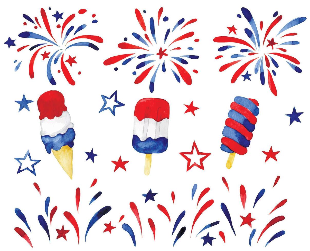 set of fireworks and elements for American Independence Day. watercolor drawing vector