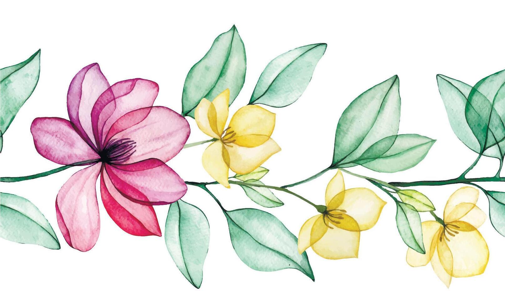 watercolor seamless border with transparent magnolia flowers. pink flowers and leaves, x-ray vector