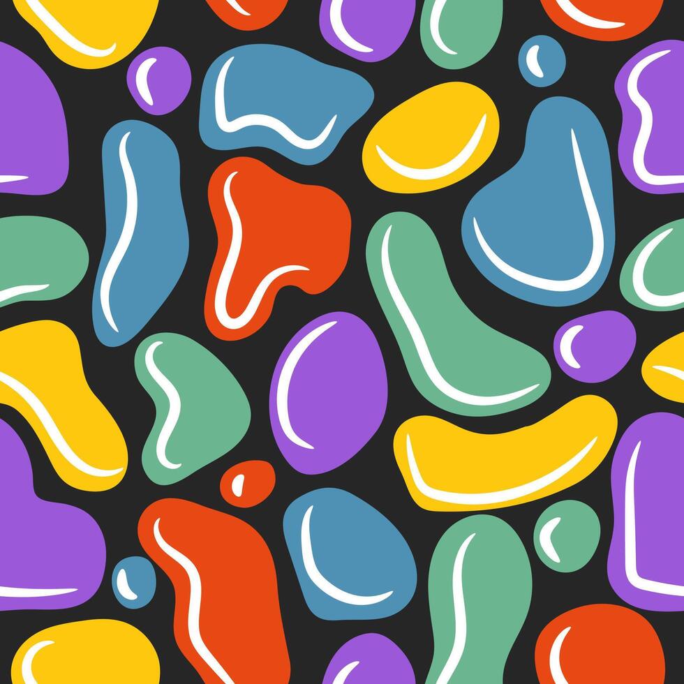 Colorful liquid abstract organic drop forms a seamless pattern. Wavy bubbles and drops in 2000 fashion style vector