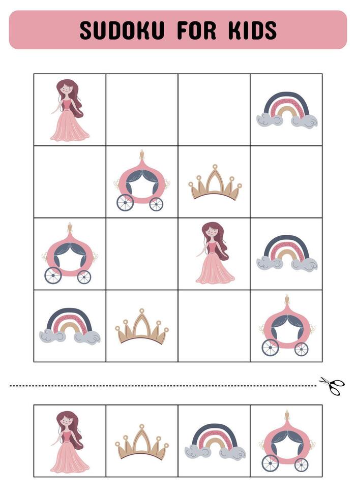 Sudoku for children with princess, castle and carriage. Kids activity sheet .Fun sudoku puzzle with princess, castle and carriage illustration. Children educational activity worksheet. vector
