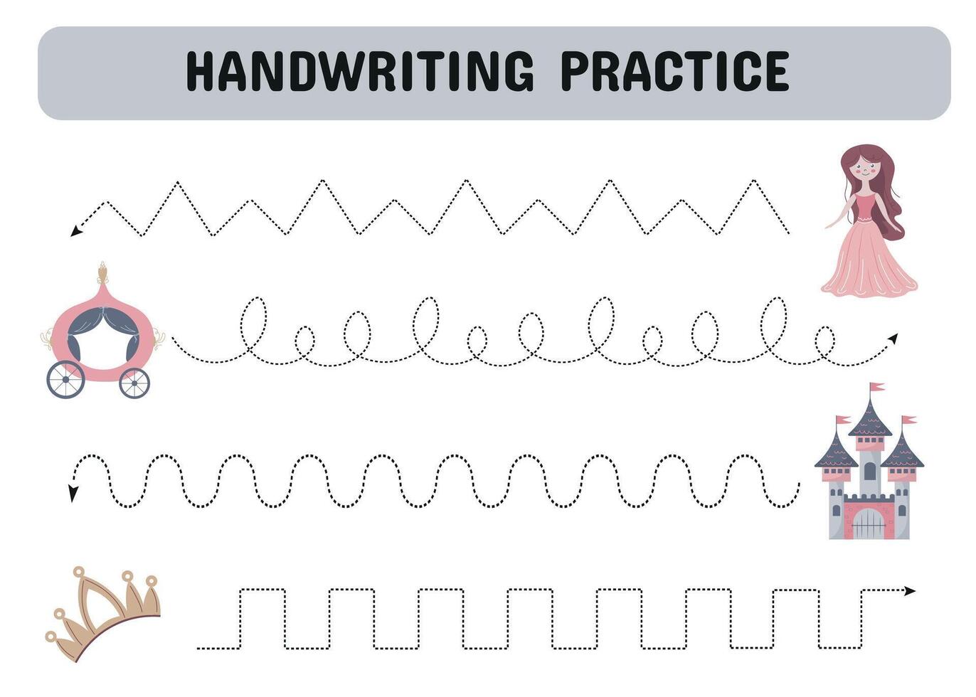 Handwriting practice sheet with a princess, castle and carriage. Educational children game. Tracing lines. early education worksheet for kids. illustration vector