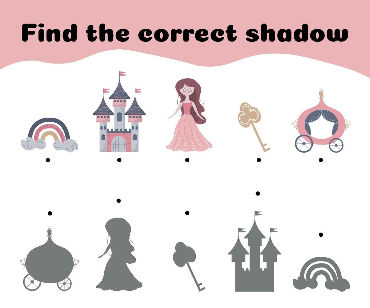 Find the correct shadows of princess, castle and carriage. Children's educational game. illustration vector