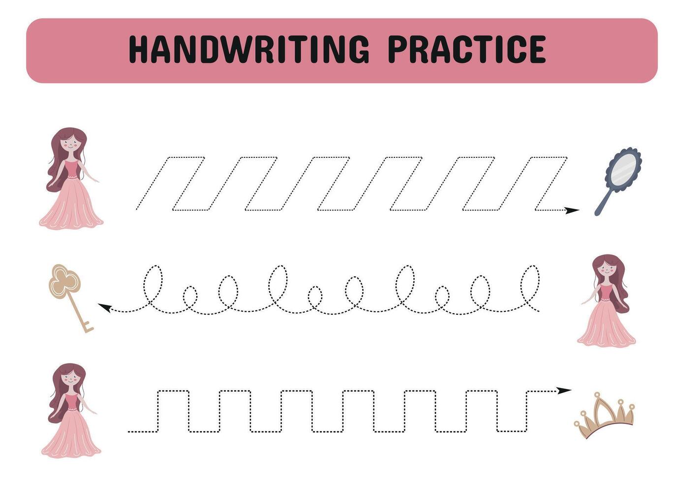 Handwriting practice sheet with a princess. Educational children game. Tracing lines. early education worksheet for kids. illustration vector