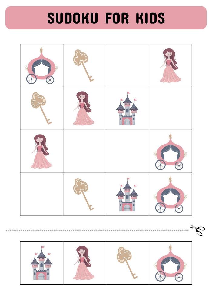 Sudoku for children with princess, castle and carriage. Kids activity sheet .Fun sudoku puzzle with princess, castle and carriage illustration. Children educational activity worksheet. vector