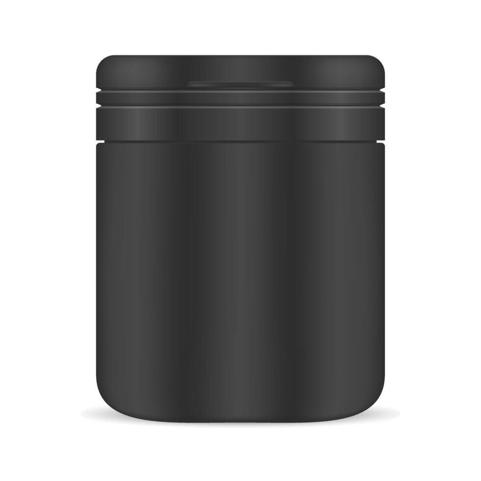 Pill Bottle. Black Plastic Jar. Medicine Supplement. 3d Medical Package Blank. Vitamine Capsule Container Mockup, Round Cylindrical Pharmacy Canister for Tablet Drugs. Placebo Medication Cure. vector