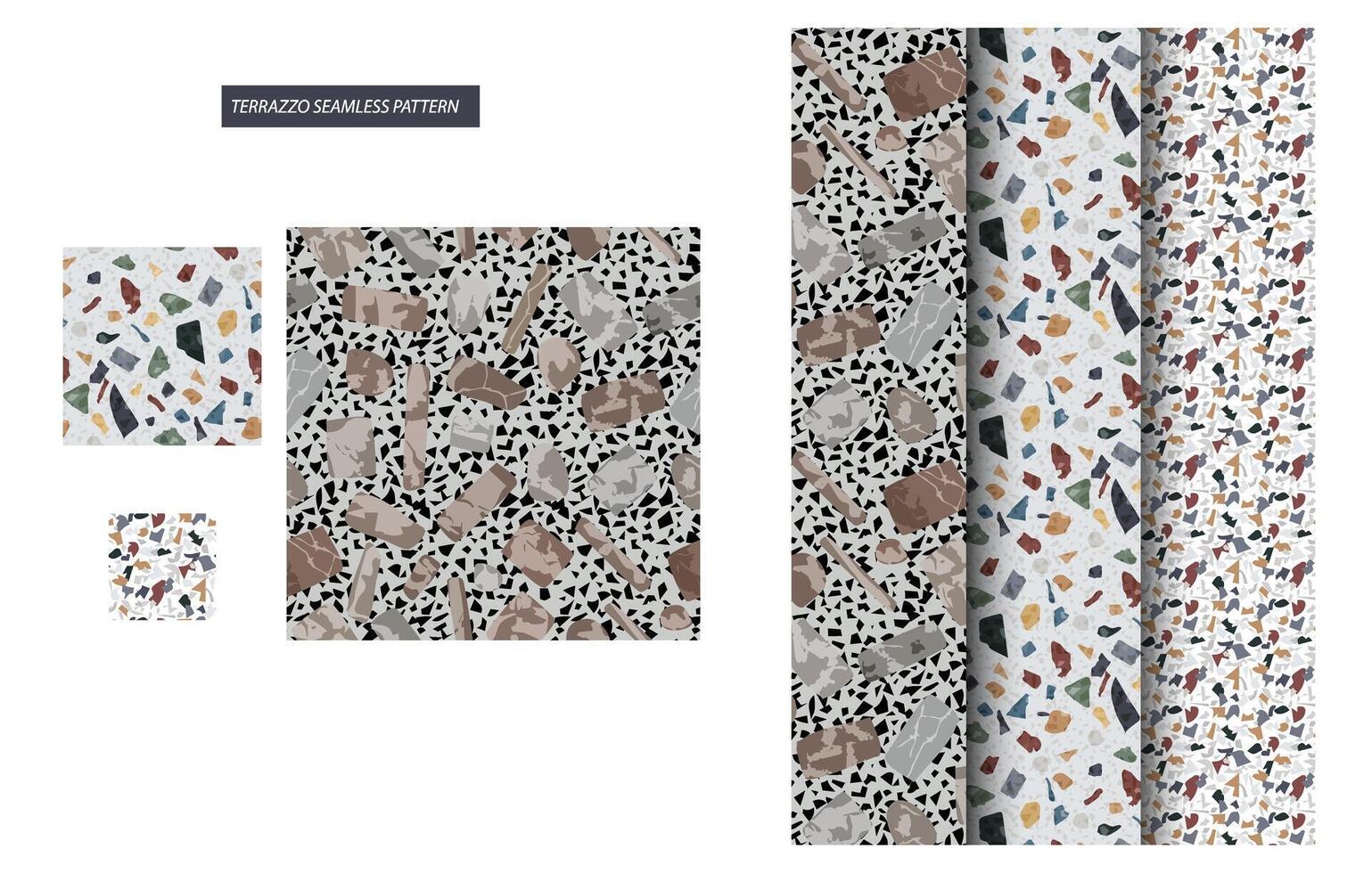 Terrazzo Pattern. Seamless Texture Set. Stone Wall Background. Repeat Flooring Decoration Surface. Decorative Shape Regular Cover. Flat Mosaic Backdrop. Periodic Geometric Shape. vector