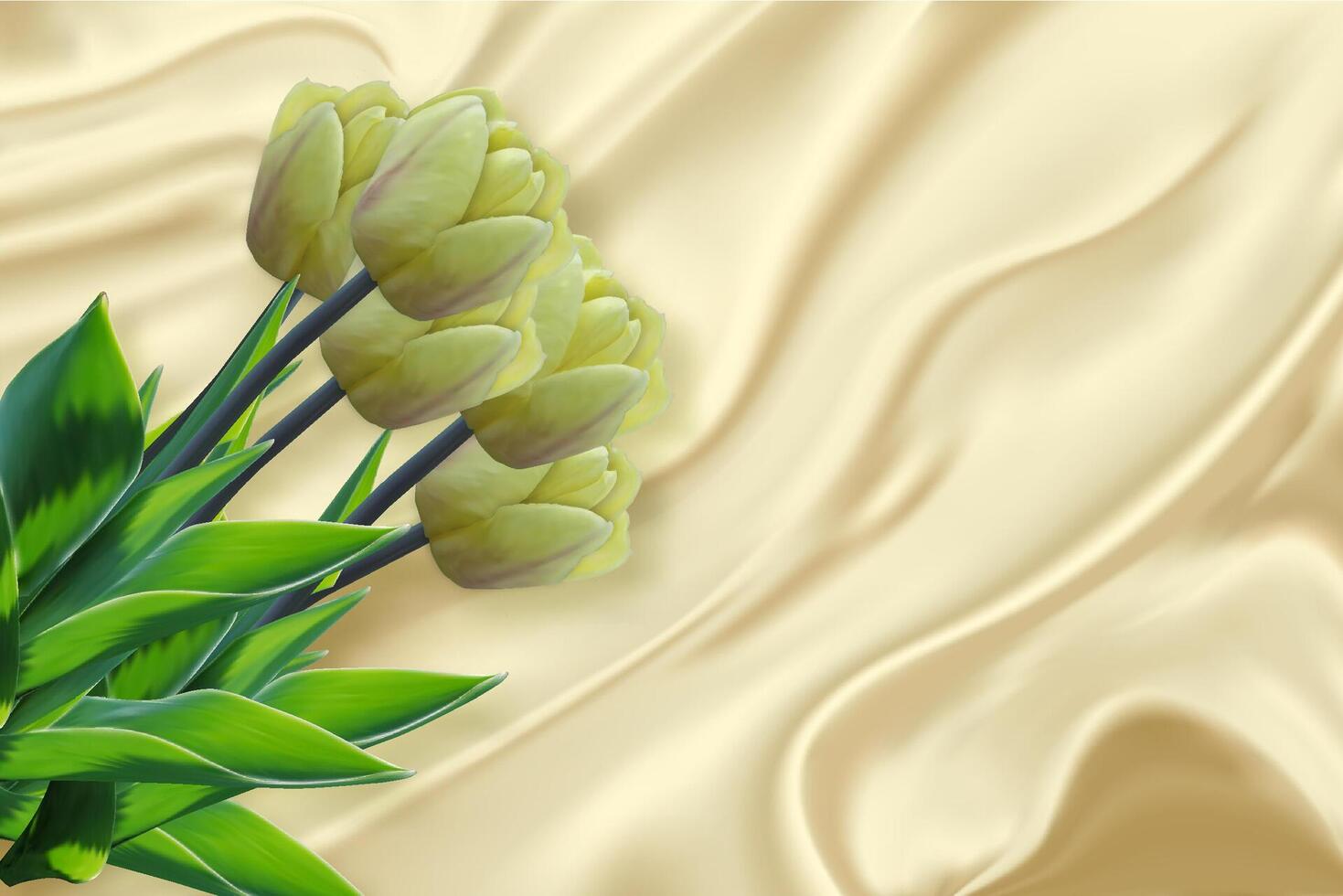 Silk Background with Tulip Flower Bouquet. Soft Satin Texture cloth. Wave material abstract Pattern. Smooth Drapery Curtain Textile. Fold Mesh Drape. Yellow Spring Blossom Tulip. vector