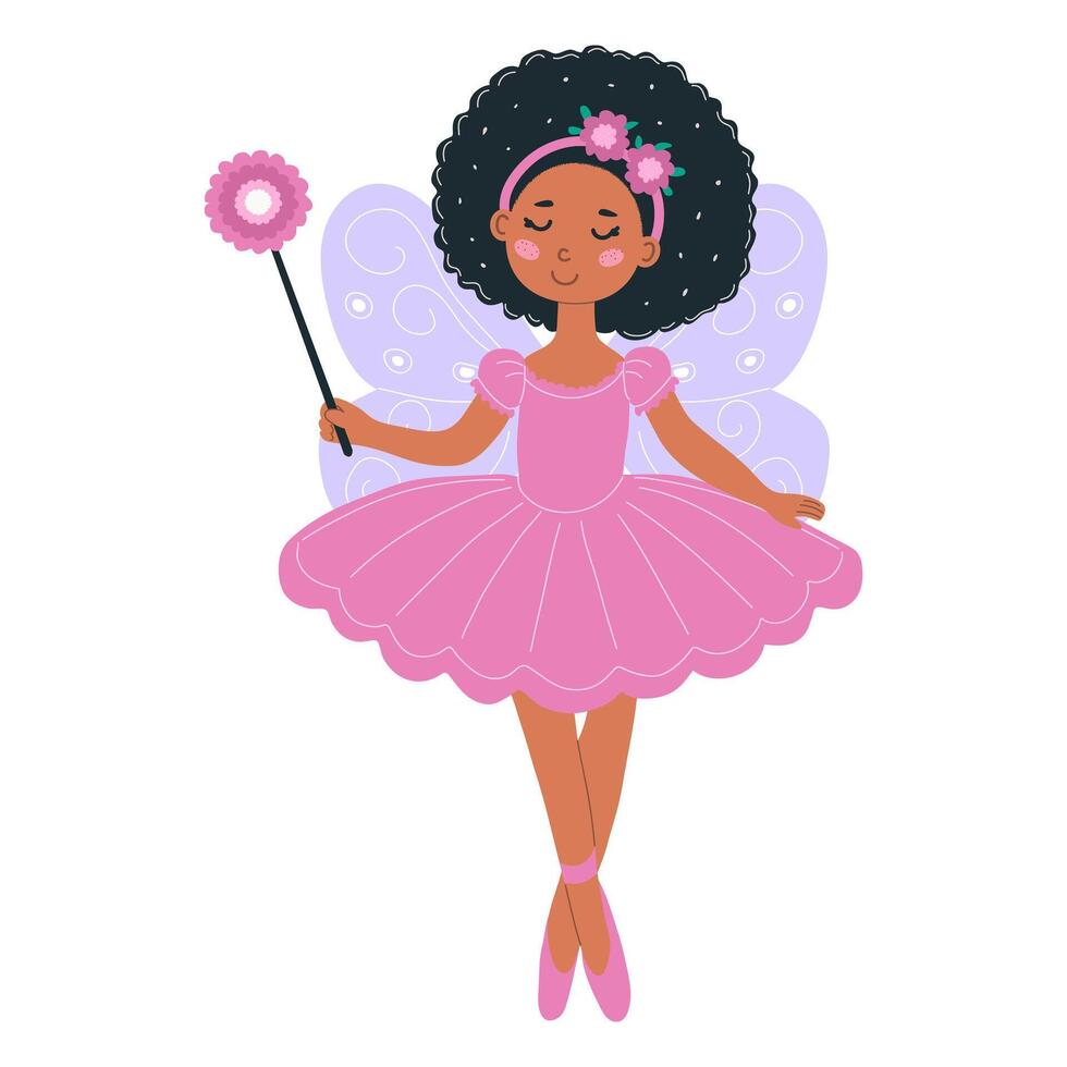 Cute little winged fairy ballerina with magic wand isolated on white background. A character of children's fantasy vector