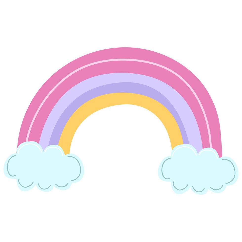 Cute colorful rainbow with clouds in childish style isolated on white background. A character of children's fantasy. Print on a t-shirt or sticker vector