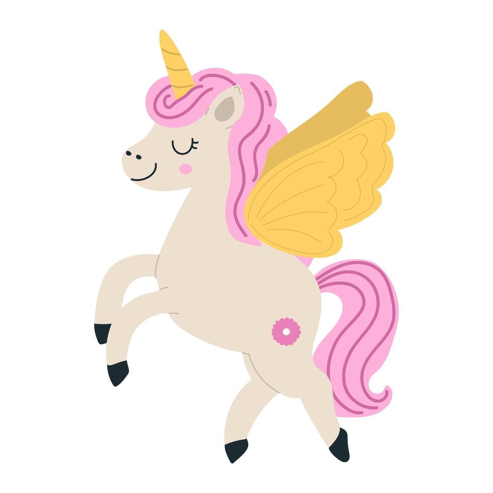 Cute magical unicorn in child style isolated on white background. Character of children's fantasy. Print for a T-shirt or sticker vector
