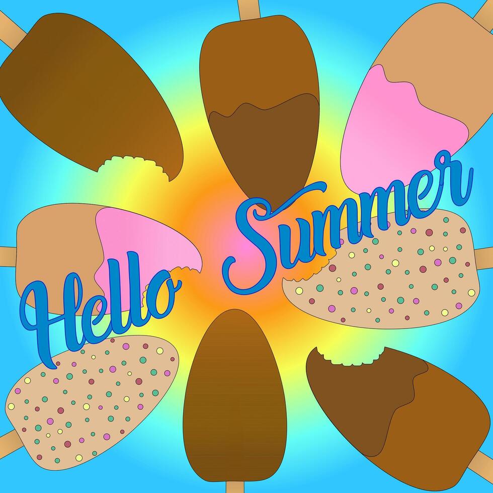 A cheerful and vibrant pattern featuring colorful ice cream with Hello Summer text on a gradient background. Perfect for summertime designs. vector
