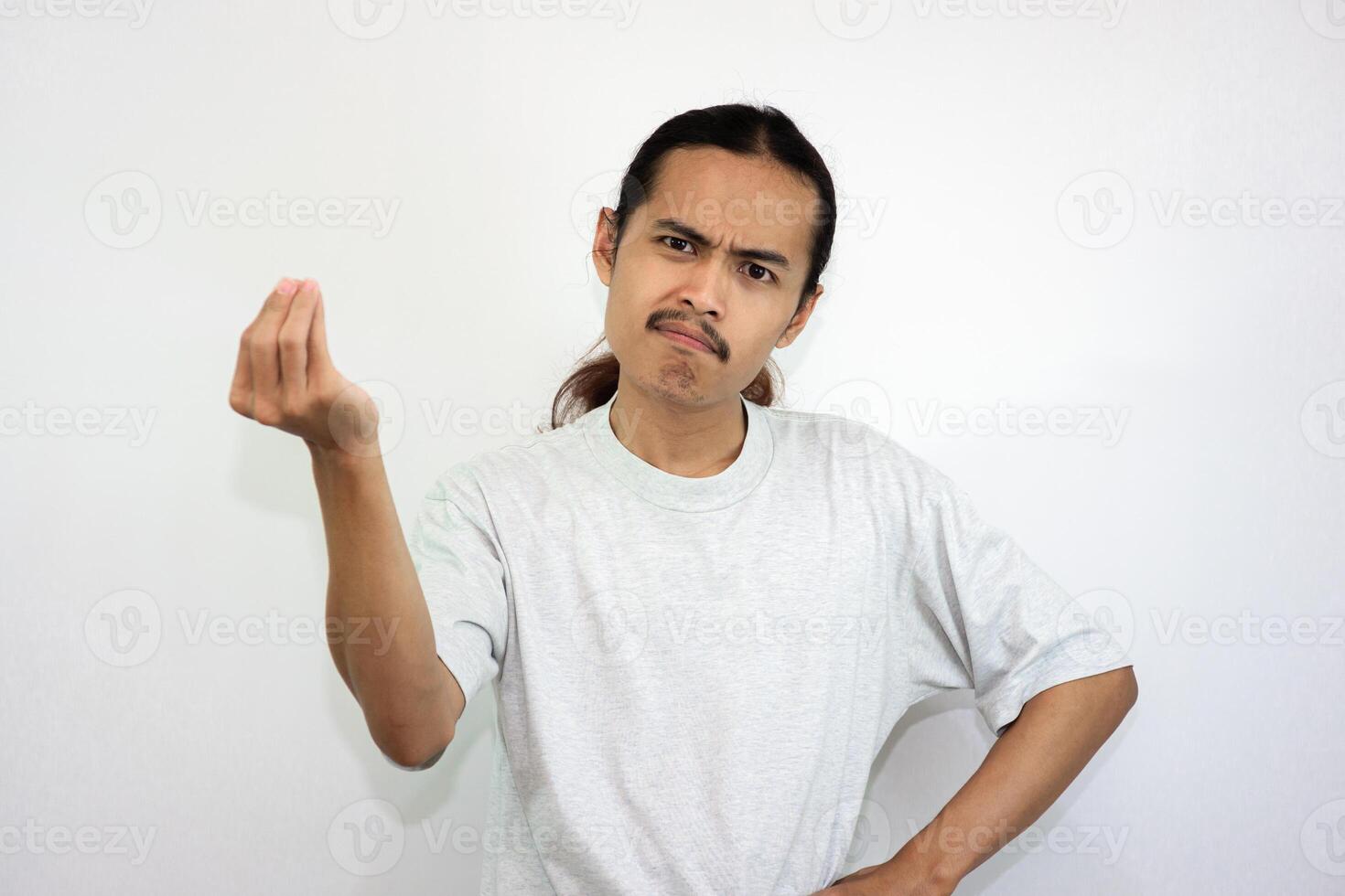 Upset and angry man with various hand expressions, isolated on white background. photo