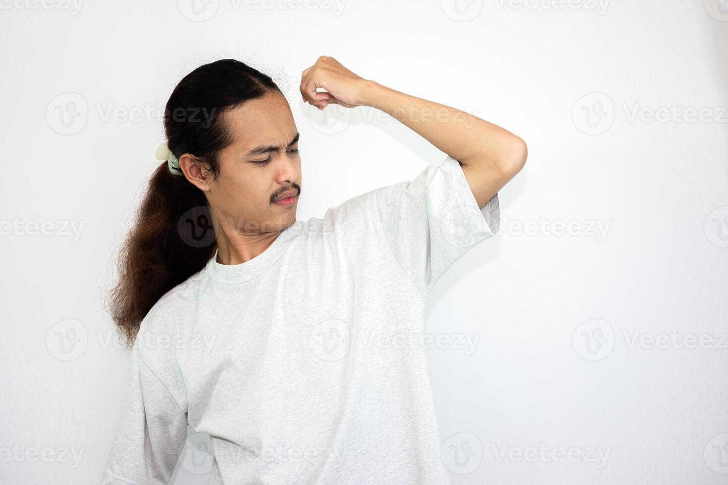 Excessive sweating man smelling bad isolated on white background photo
