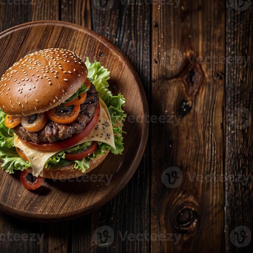 top view of a delicious burger with vegetables Mozzarella cheese on a dark wooden table burger on a black wood plate and black wood background photo