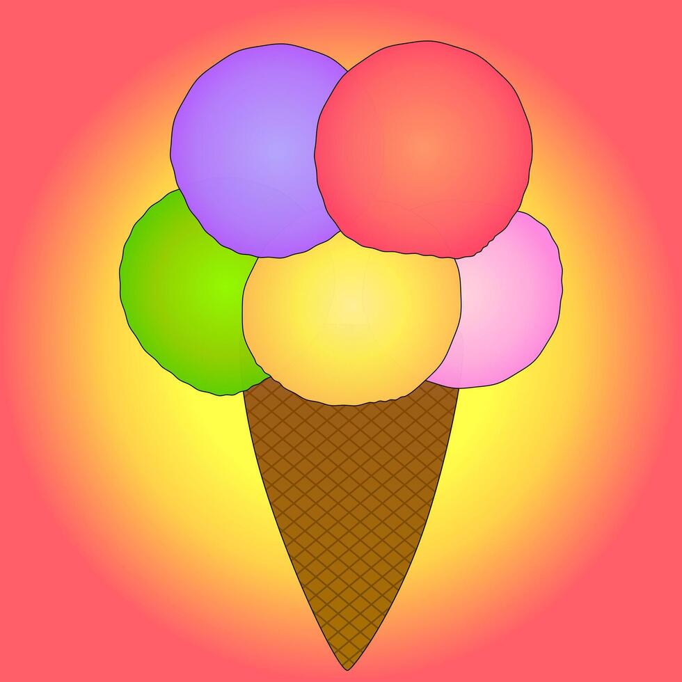 A vibrant illustration of a multi-scoop ice cream cone. Perfect for summer-themed designs, promotions, and National Ice Cream Day celebrations. vector