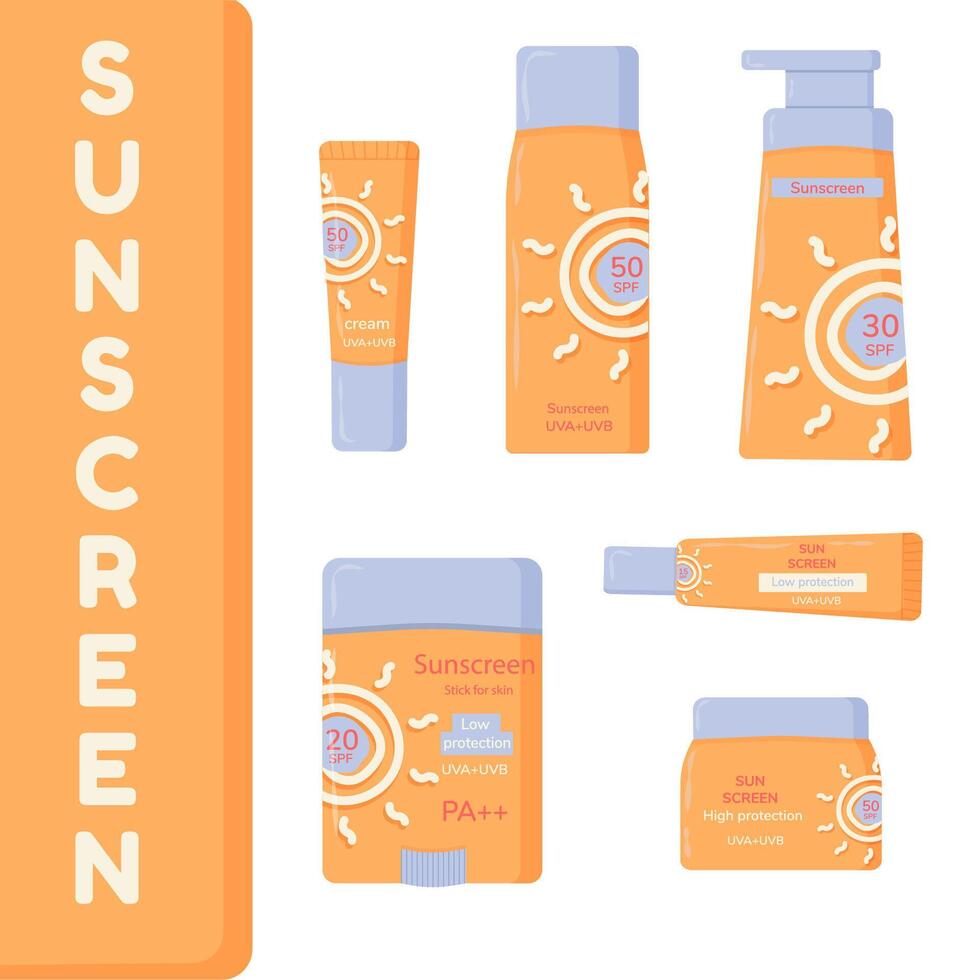 Isolated solar protection cosmetic container set, template spf spray product collection, flat sunscreen oil pack and uv block cream bottle, creative sunblock moisturizer tube. vector