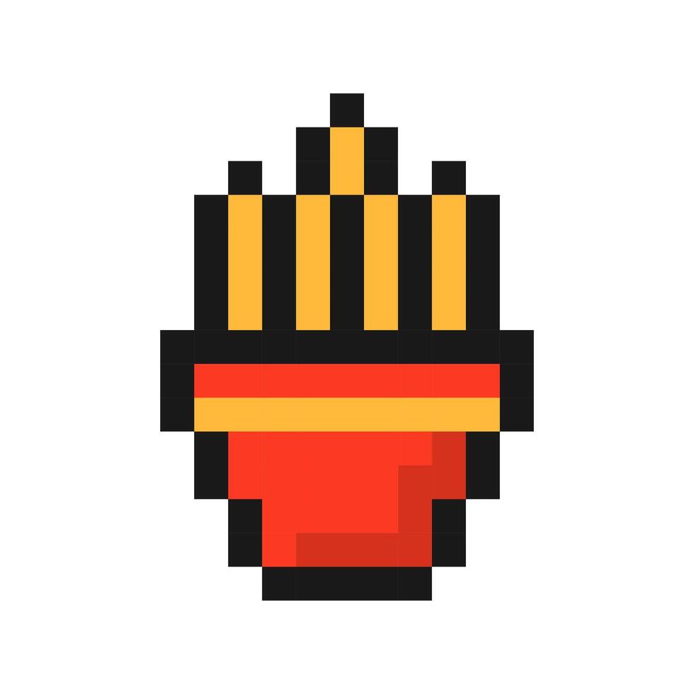Pixel fries icon. Red 8 bit package with crispy fried potatoes in oil for percussion and game design vector
