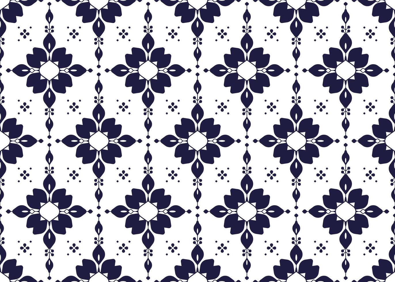 Symbol dark blue floral on white background, ethnic fabric seamless pattern design for cloth, carpet, batik, wallpaper, wrapping etc. vector