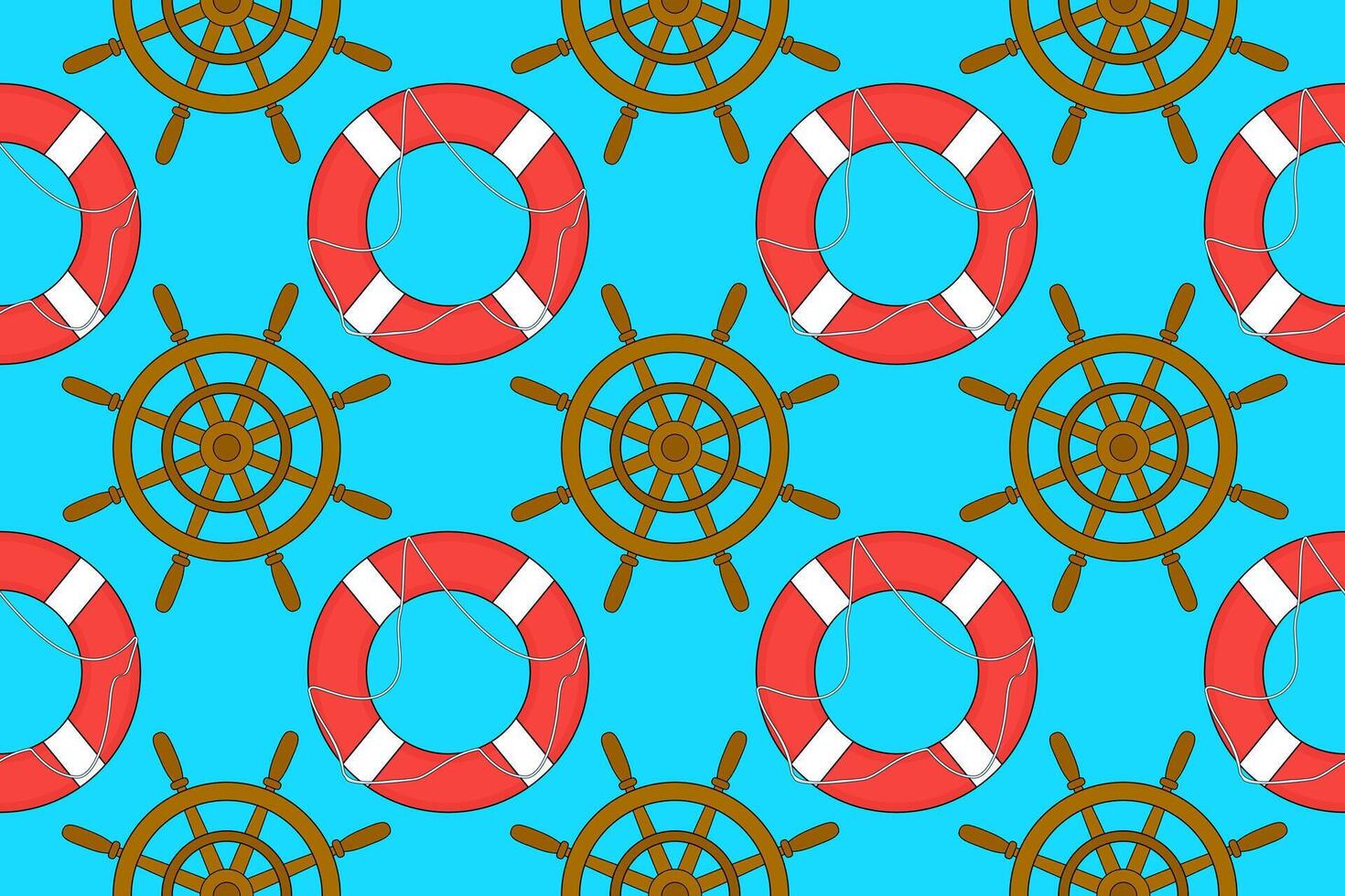 Nautical seamless pattern featuring lifebuoys and ship wheels. Ideal for summer-themed designs, backgrounds, and maritime projects. vector