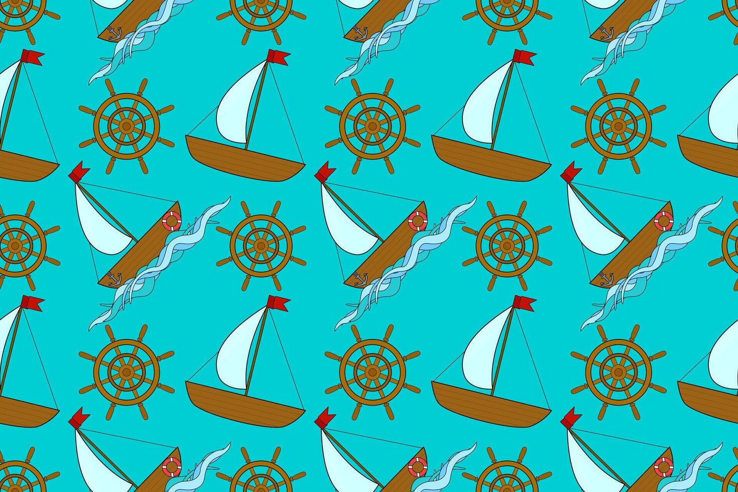 Vibrant seamless pattern with ships and helms. Perfect for summertime designs and marine-themed projects. vector