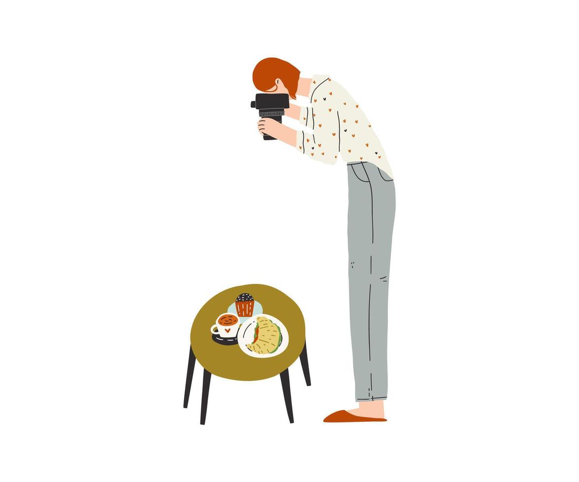A woman takes pictures of food on the table. Photographer, content, person. illustration drawn in flat style. vector