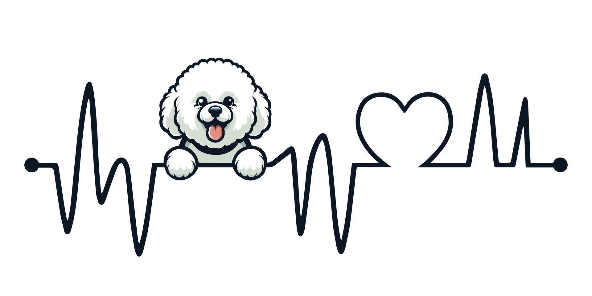 Heartbeat line with Bichon Frise Dog Peeking - Dog and Cardiogram wave with Heart Love isolated illustration vector