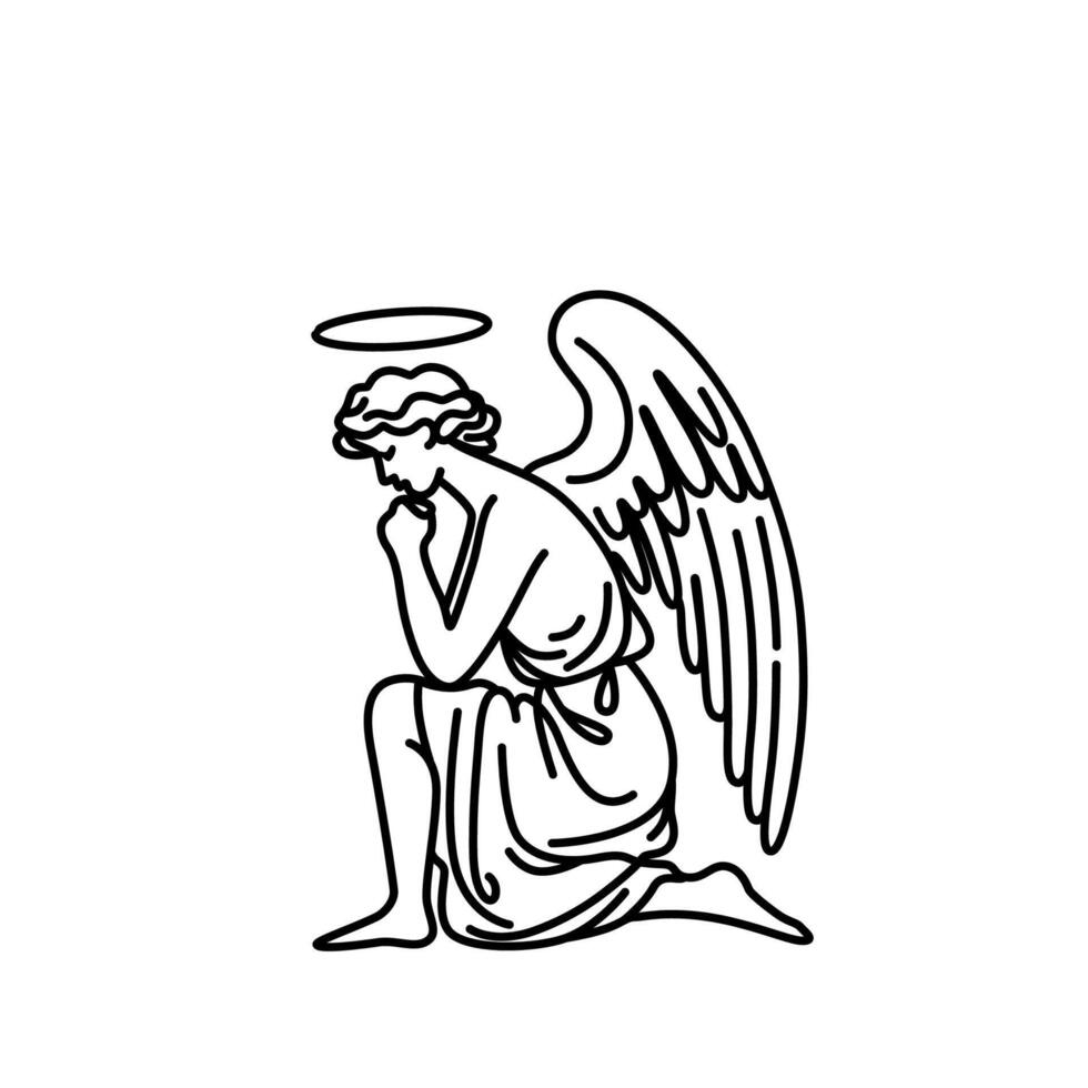 minimalist hand-drawn line art illustration of a kneeling angel with a halo and wings, depicting a contemplative and spiritual pose. Ideal for use in religious or spiritual themes, graphic design. vector