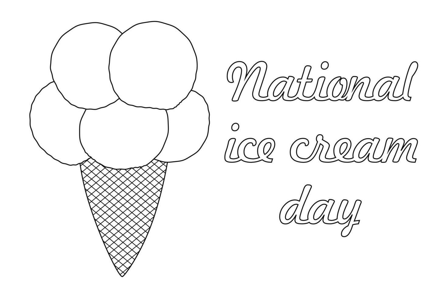 National Ice Cream Day coloring book featuring a waffle cone with several ice cream scoops. Perfect for summer-themed projects and vacation activities. vector