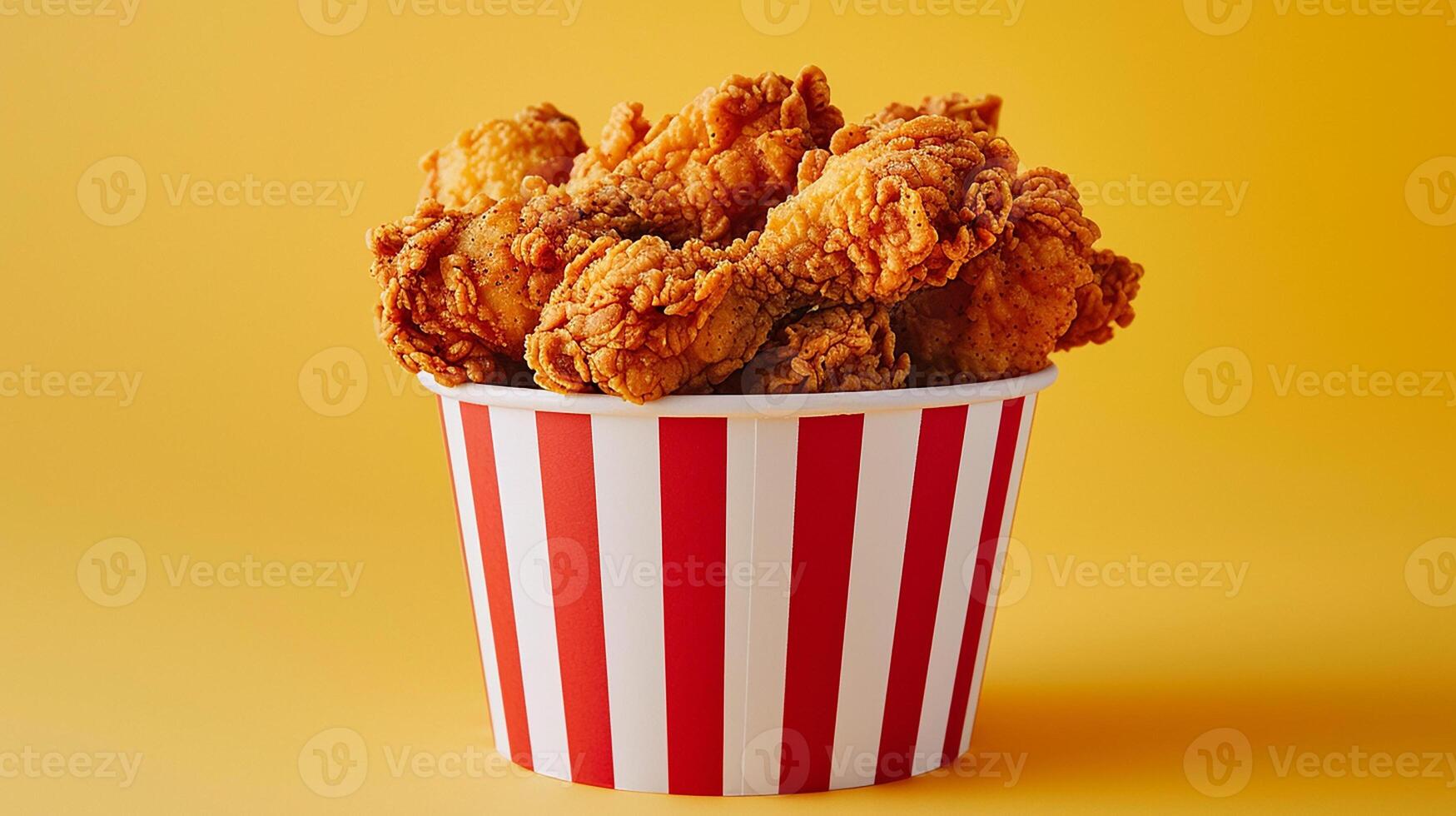 Red white bucket of delicious crispy fried chicken on a yellow background photo