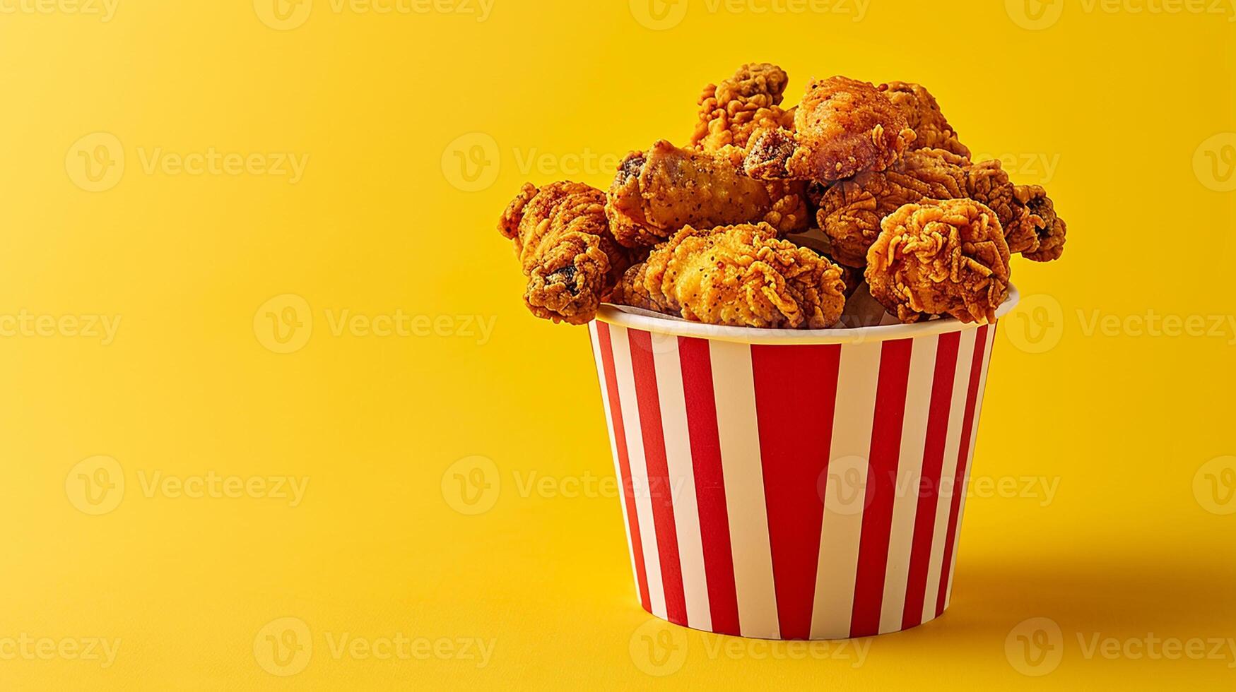 Red white bucket of delicious crispy fried chicken on a yellow background photo