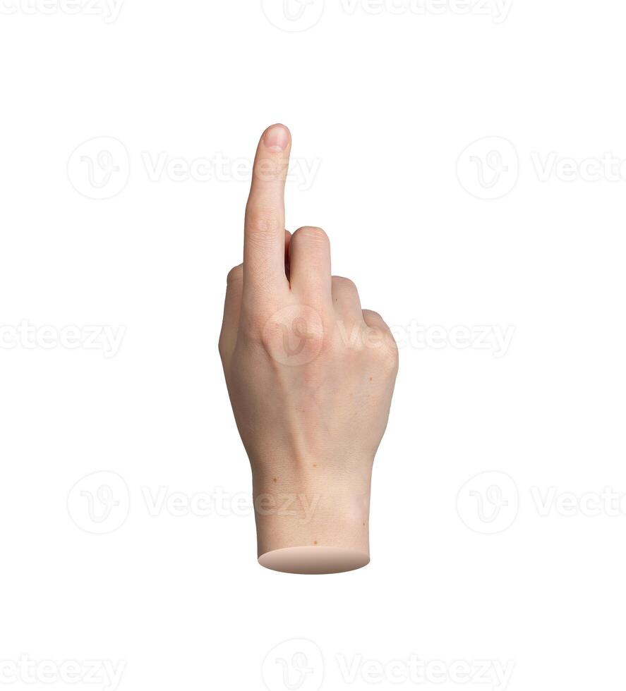 Hand pointing gesture, index finger indicating. Pointer sign isolated on white background. Showing, photo