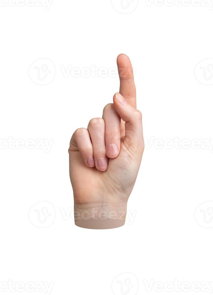 Hand pointing gesture, index finger, indicating sign isolated on white background. Outstretched, photo