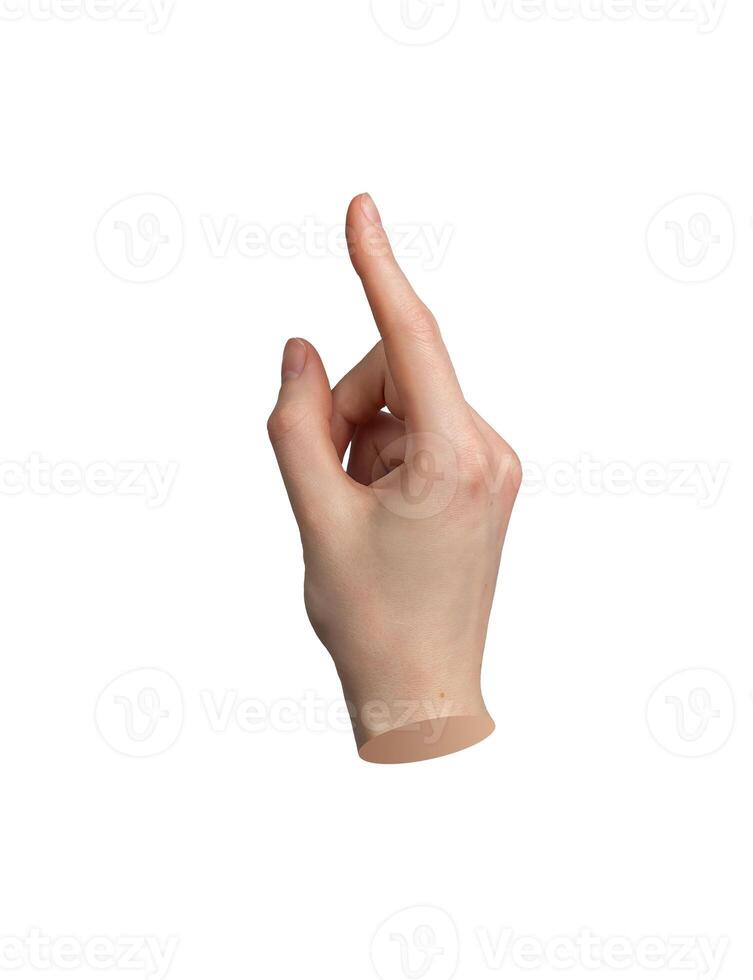 Hand pointing with index finger, isolated on white background. Pointer indicating, touching, tapping photo