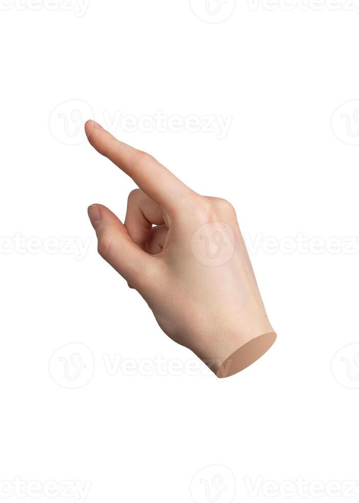 Hand pointing with index finger, isolated on white background. Pointer indicating, touching, tapping photo