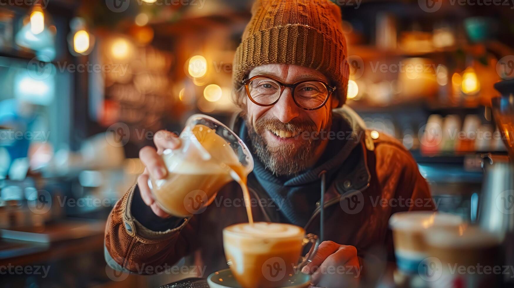Barista Crafting Latte Art in Cozy Cafe photo