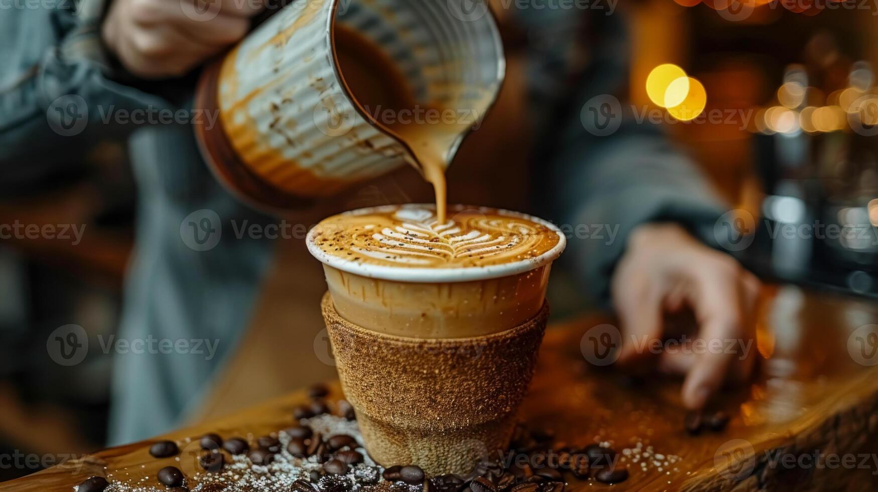 Barista Crafting Latte Art in Cozy Cafe photo